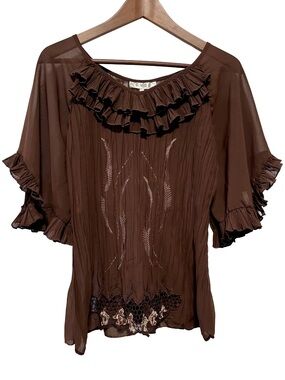 GUGI Brown Sheer Ruffle Fairycore Boho Poetcore Embroidered Blouse